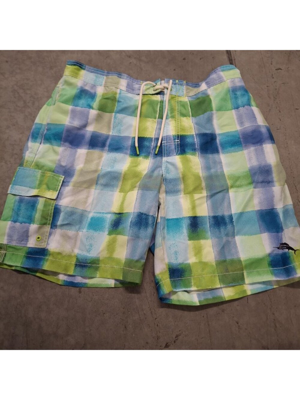 Tommy Bahama Mens XL Plaid Swim Trunks Green & Blue Quick-Dry Polyester With Poc